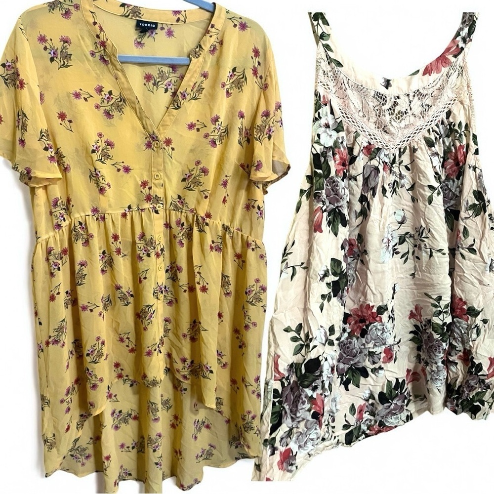 Torrid Bundle Floral Yellow High Low Blouse & Pink Lace Tank Top Size 1X 1